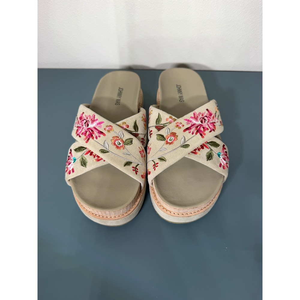 Johnny Was Viviana X‎ Band Floral Embroidered Platform Suede Sandals Beige 9